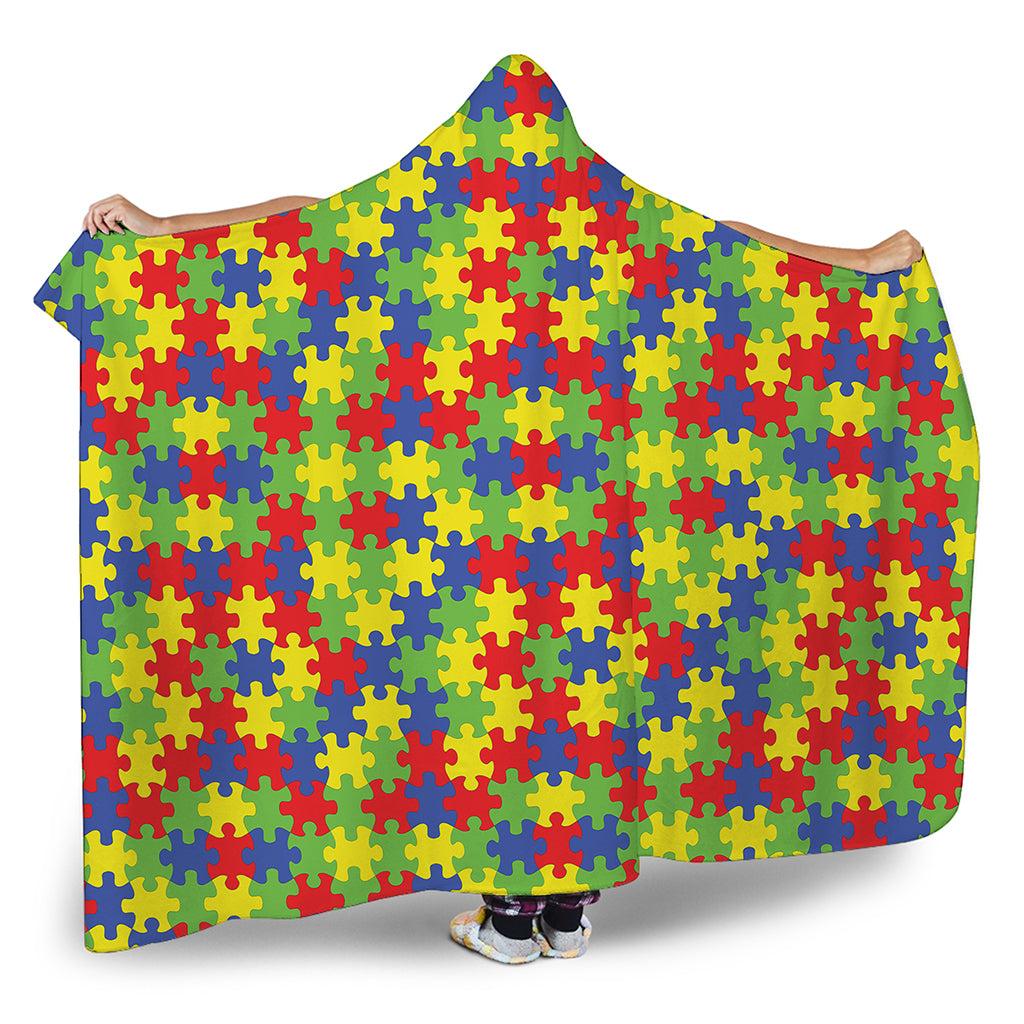 Autism Awareness Puzzle Pattern Print Hooded Blanket