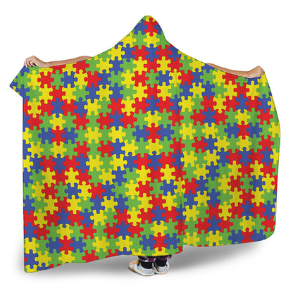 Autism Awareness Puzzle Pattern Print Hooded Blanket