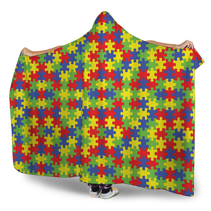 Autism Awareness Puzzle Pattern Print Hooded Blanket