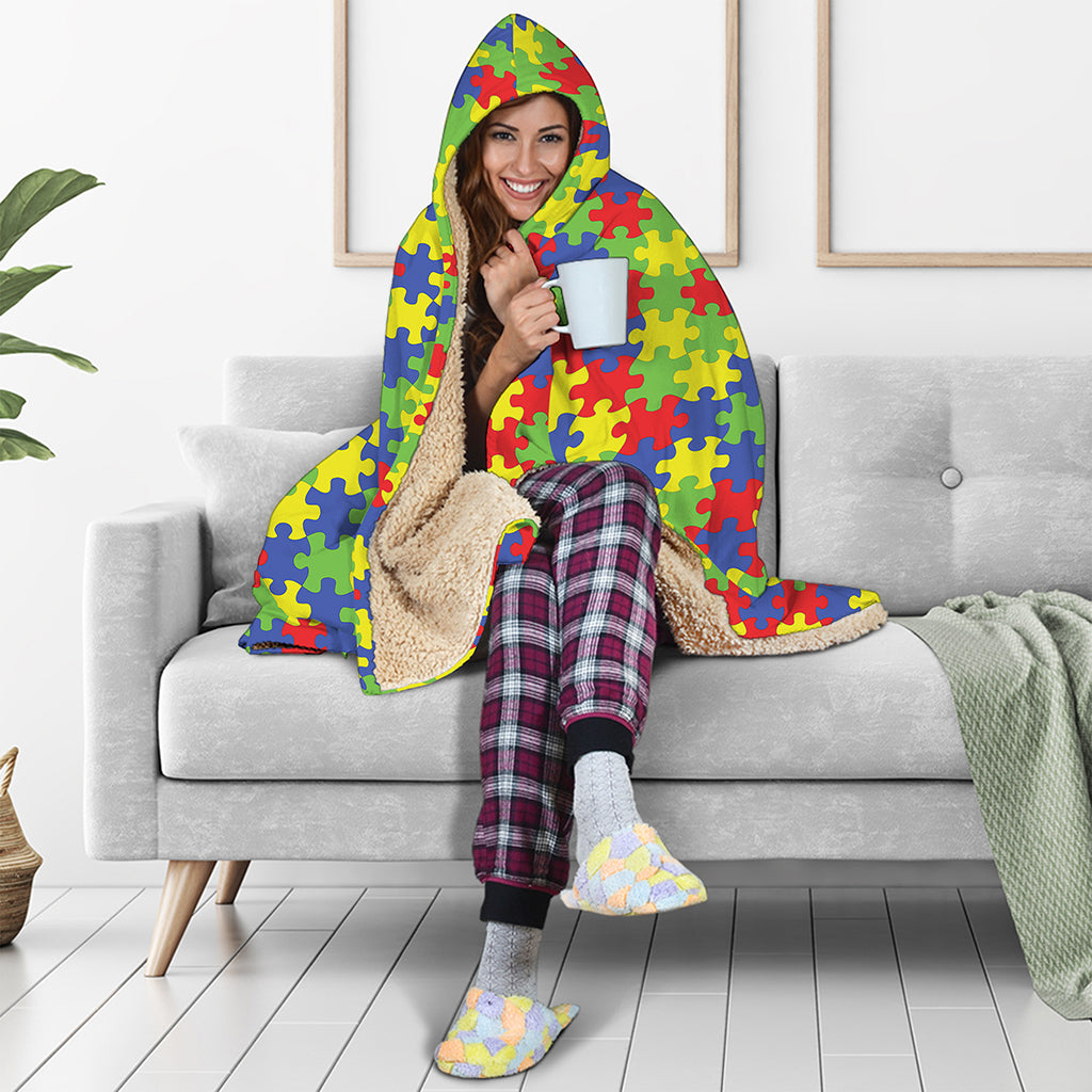 Autism Awareness Puzzle Pattern Print Hooded Blanket