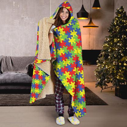 Autism Awareness Puzzle Pattern Print Hooded Blanket