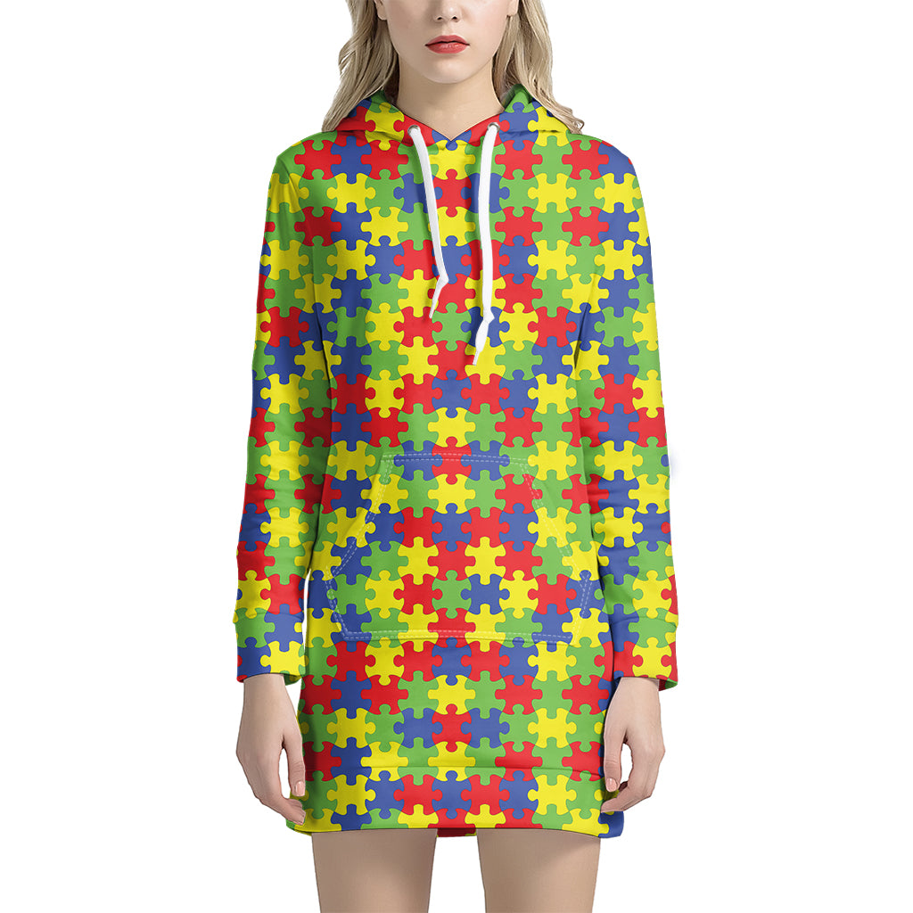 Autism Awareness Puzzle Pattern Print Hoodie Dress