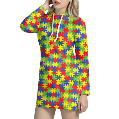 Autism Awareness Puzzle Pattern Print Hoodie Dress