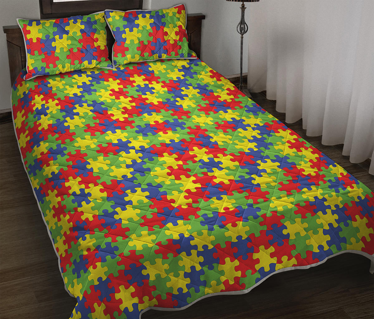 Autism Awareness Puzzle Pattern Print Quilt Bed Set