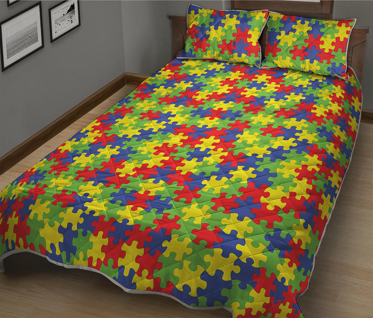 Autism Awareness Puzzle Pattern Print Quilt Bed Set