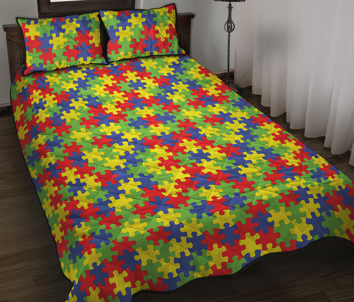 Autism Awareness Puzzle Pattern Print Quilt Bed Set