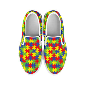 Autism Awareness Puzzle Pattern Print White Slip On Shoes