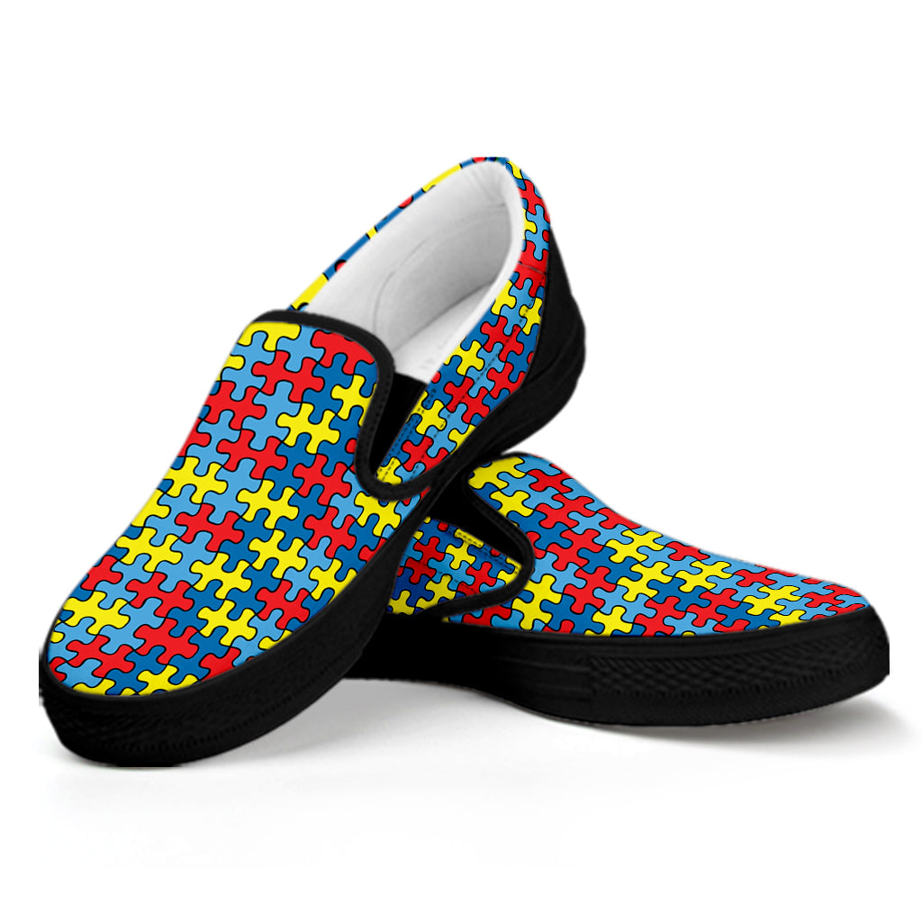 Autism Awareness Puzzle Print Black Slip On Shoes