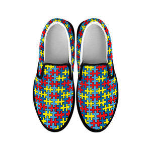 Autism Awareness Puzzle Print Black Slip On Shoes