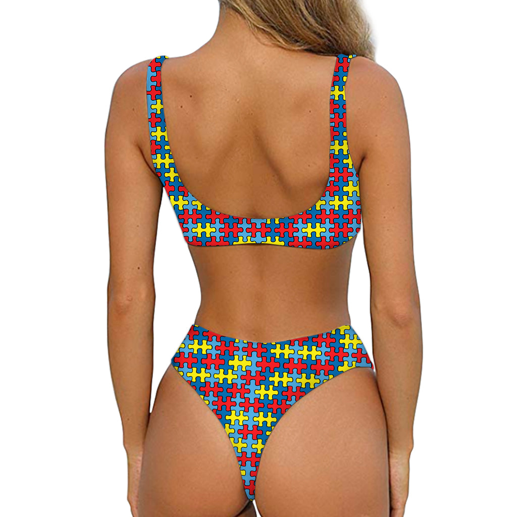 Autism Awareness Puzzle Print Front Bow Tie Bikini