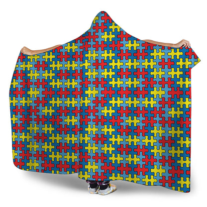 Autism Awareness Puzzle Print Hooded Blanket