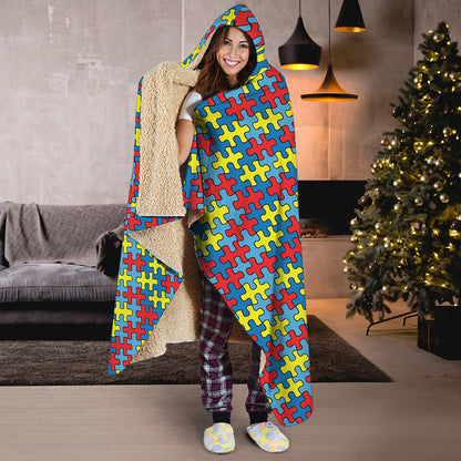 Autism Awareness Puzzle Print Hooded Blanket