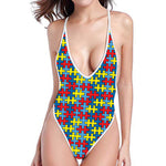 Autism Awareness Puzzle Print One Piece High Cut Swimsuit