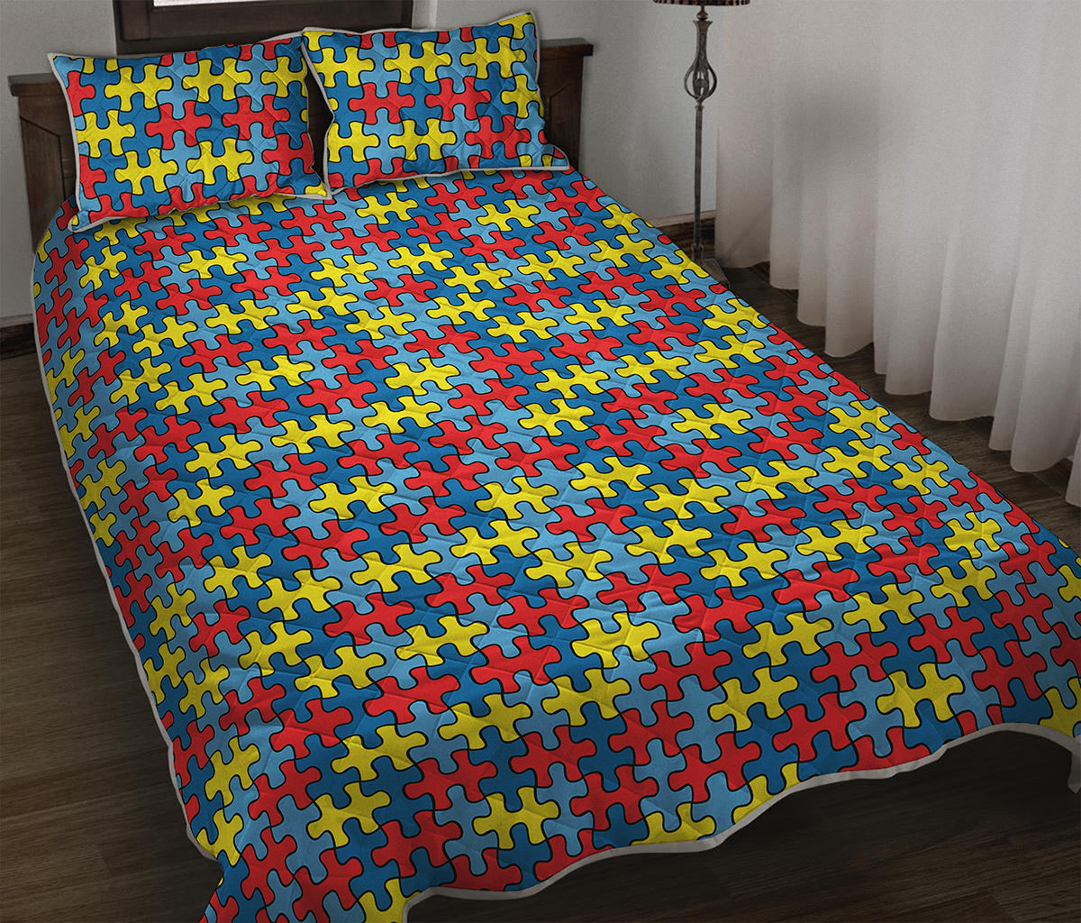 Autism Awareness Puzzle Print Quilt Bed Set