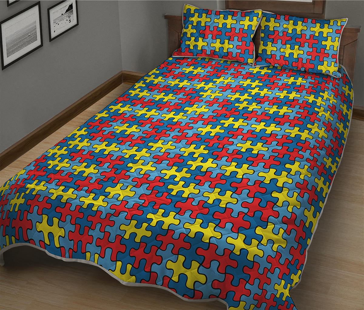 Autism Awareness Puzzle Print Quilt Bed Set
