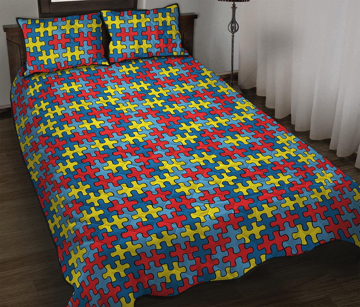 Autism Awareness Puzzle Print Quilt Bed Set
