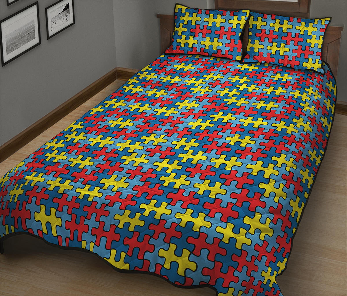 Autism Awareness Puzzle Print Quilt Bed Set