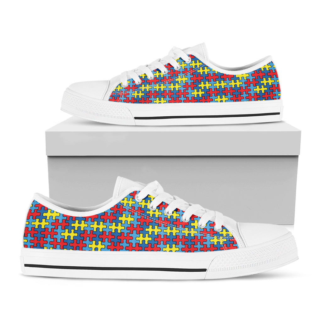 Autism Awareness Puzzle Print White Low Top Shoes