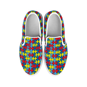 Autism Awareness Puzzle Print White Slip On Shoes