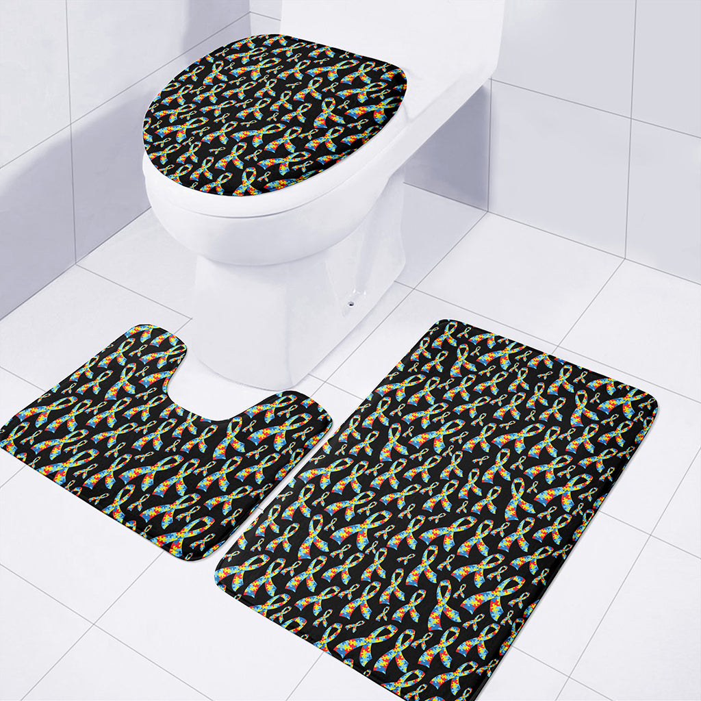 Autism Awareness Ribbon Pattern Print 3 Piece Bath Mat Set