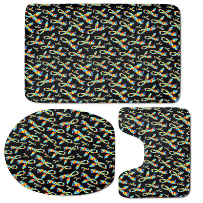 Autism Awareness Ribbon Pattern Print 3 Piece Bath Mat Set