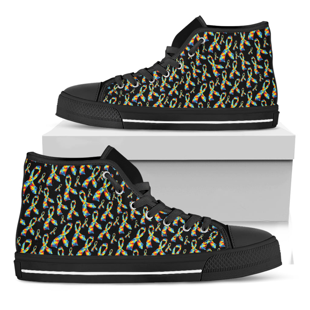 Autism Awareness Ribbon Pattern Print Black High Top Shoes