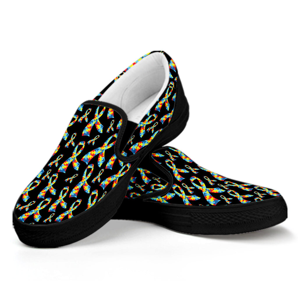 Autism Awareness Ribbon Pattern Print Black Slip On Shoes