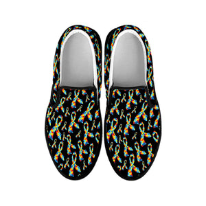 Autism Awareness Ribbon Pattern Print Black Slip On Shoes