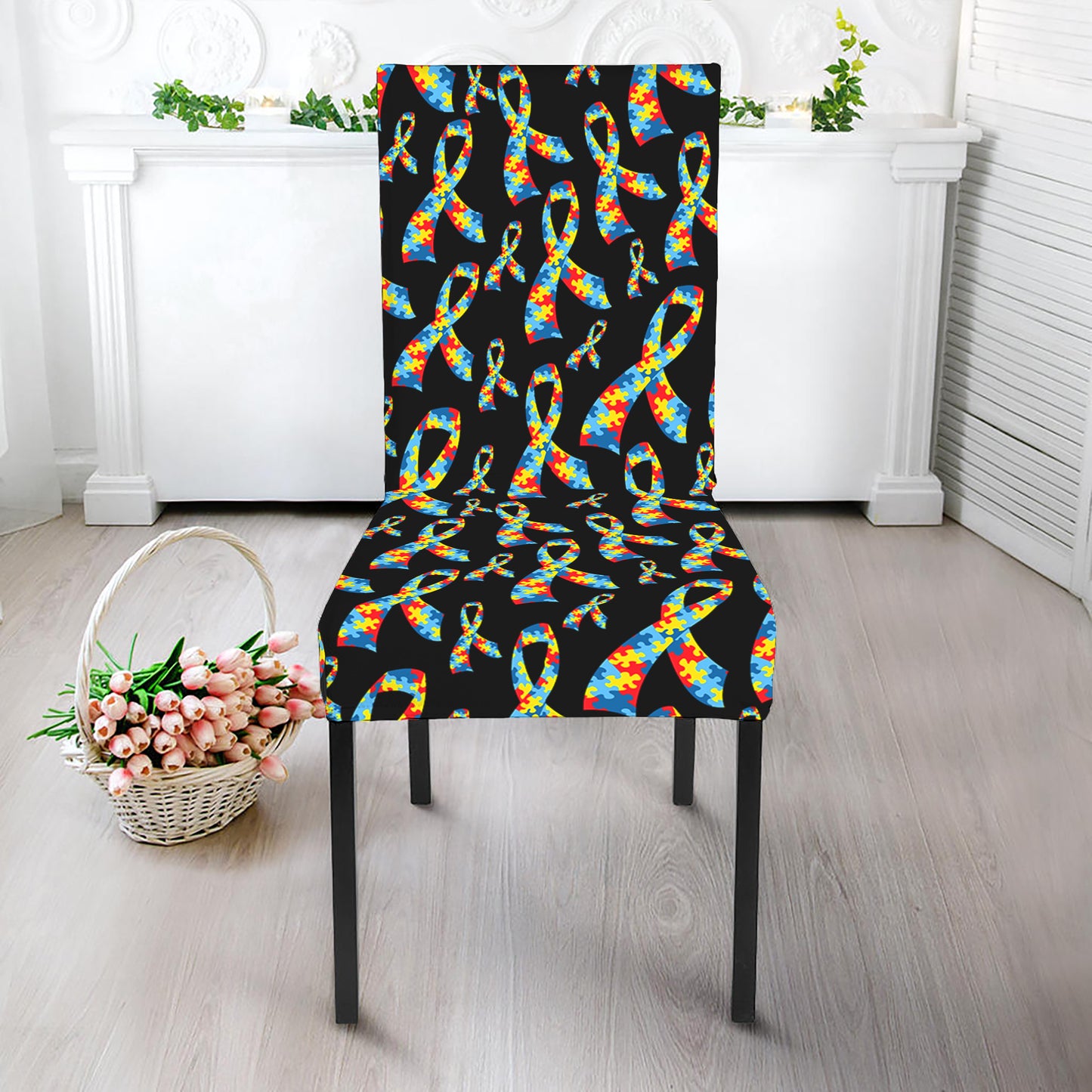 Autism Awareness Ribbon Pattern Print Dining Chair Slipcover