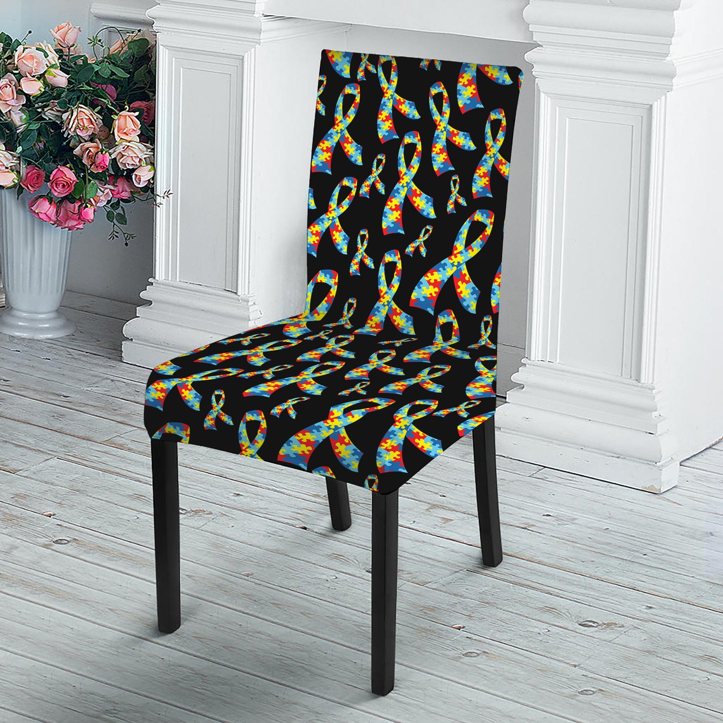Autism Awareness Ribbon Pattern Print Dining Chair Slipcover