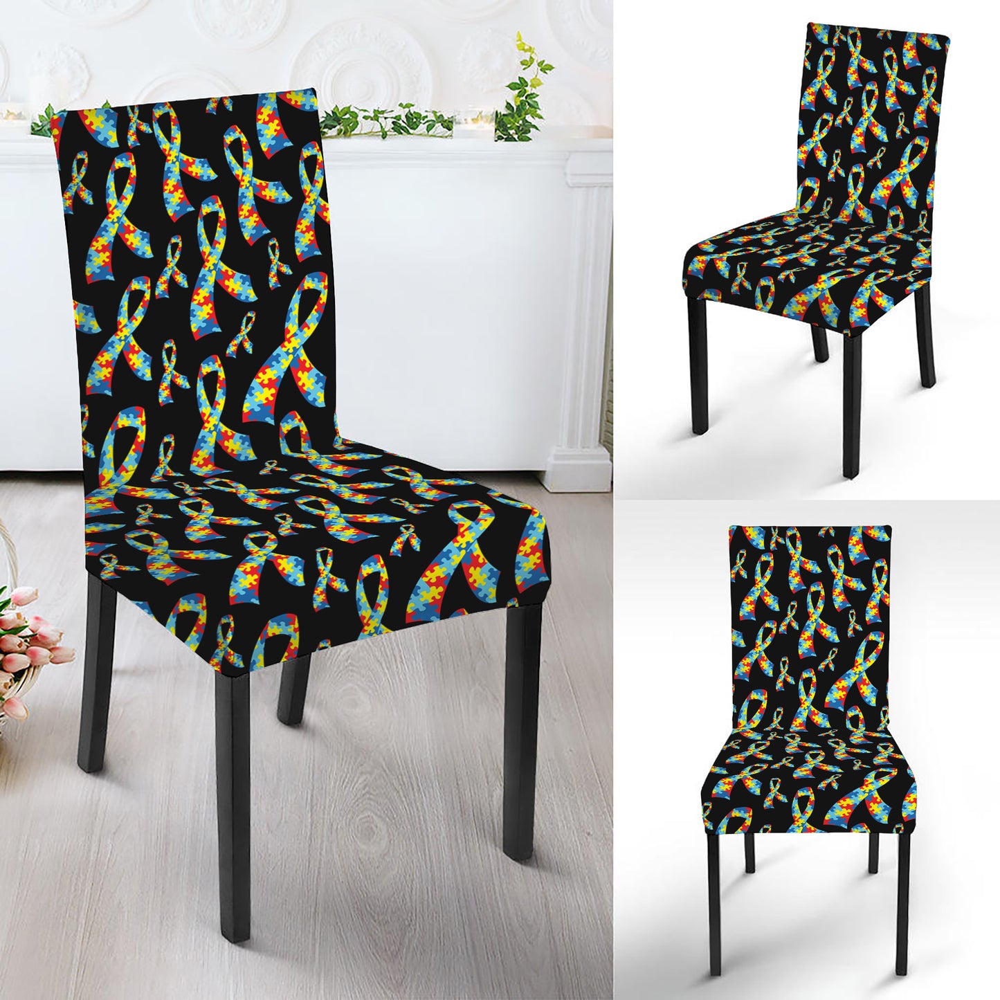 Autism Awareness Ribbon Pattern Print Dining Chair Slipcover