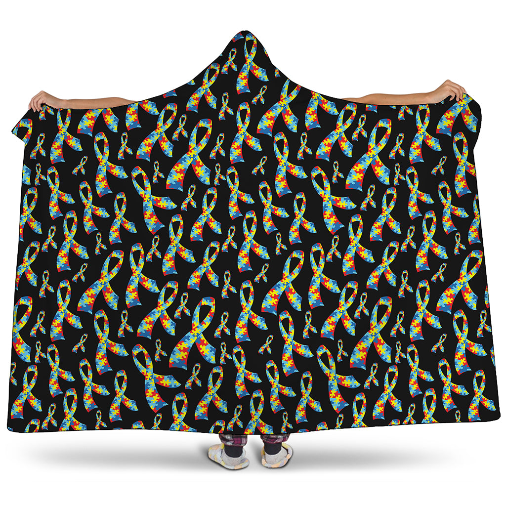 Autism Awareness Ribbon Pattern Print Hooded Blanket