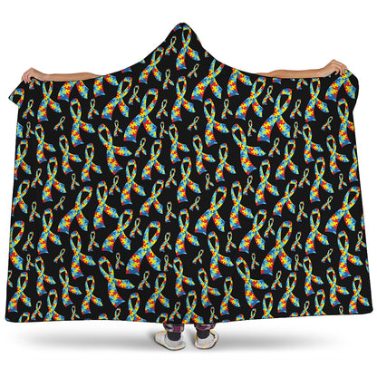 Autism Awareness Ribbon Pattern Print Hooded Blanket