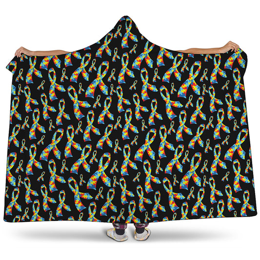 Autism Awareness Ribbon Pattern Print Hooded Blanket