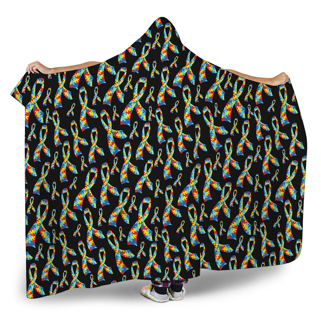 Autism Awareness Ribbon Pattern Print Hooded Blanket