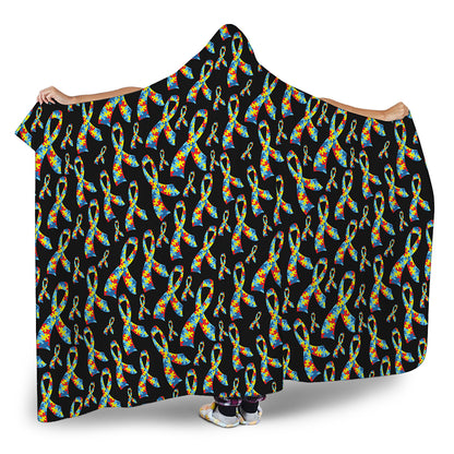 Autism Awareness Ribbon Pattern Print Hooded Blanket