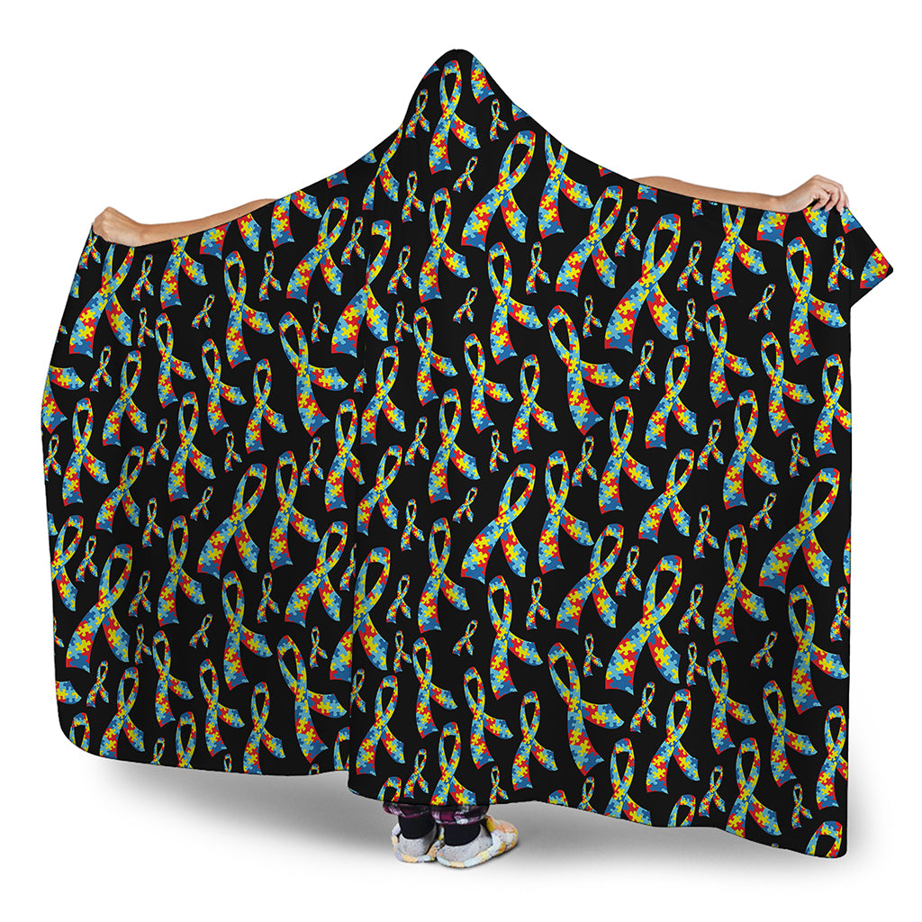 Autism Awareness Ribbon Pattern Print Hooded Blanket
