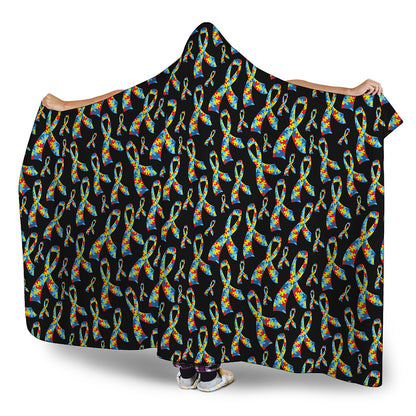 Autism Awareness Ribbon Pattern Print Hooded Blanket