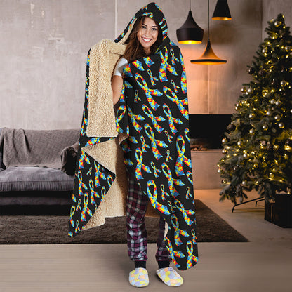 Autism Awareness Ribbon Pattern Print Hooded Blanket