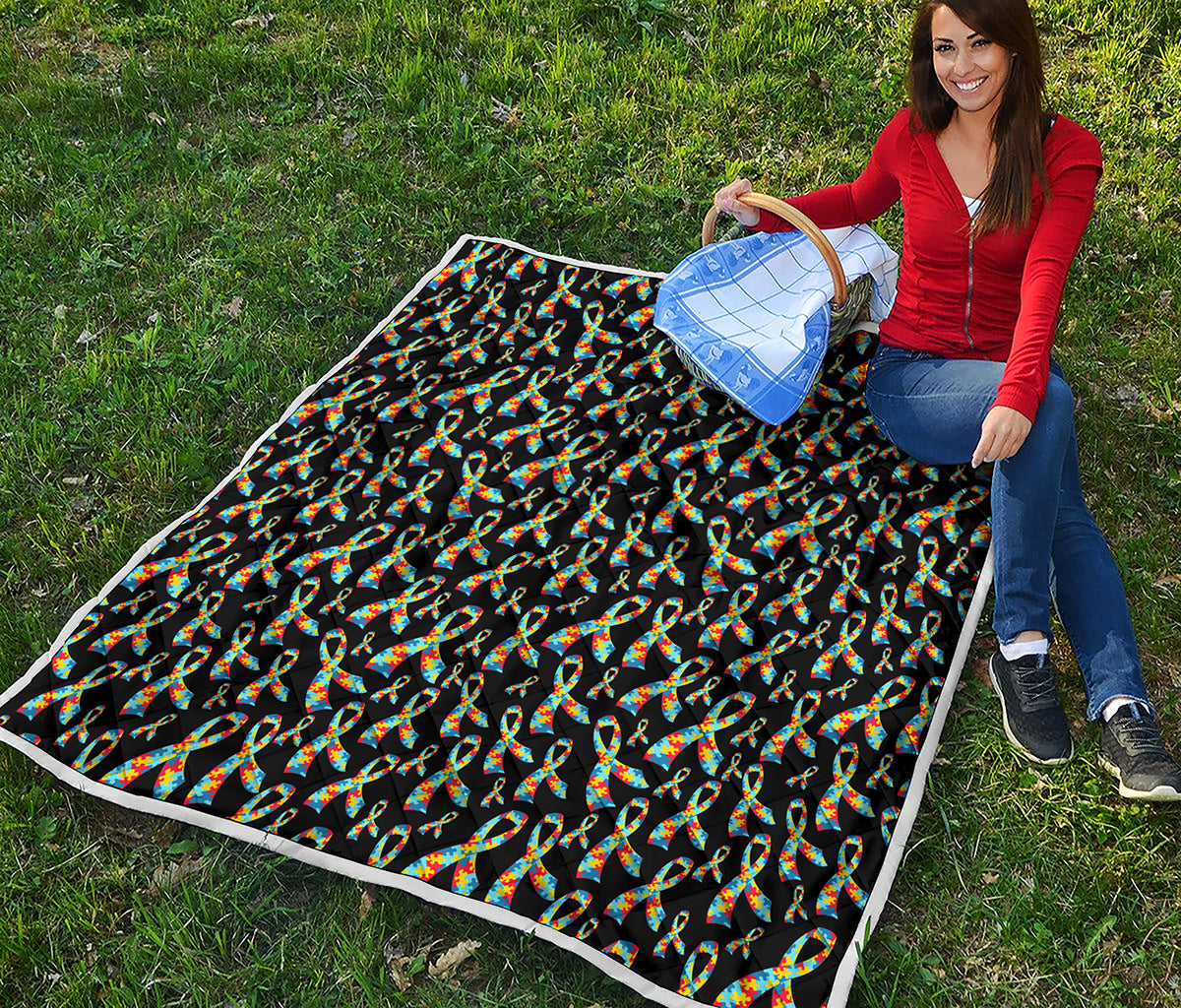 Autism Awareness Ribbon Pattern Print Quilt