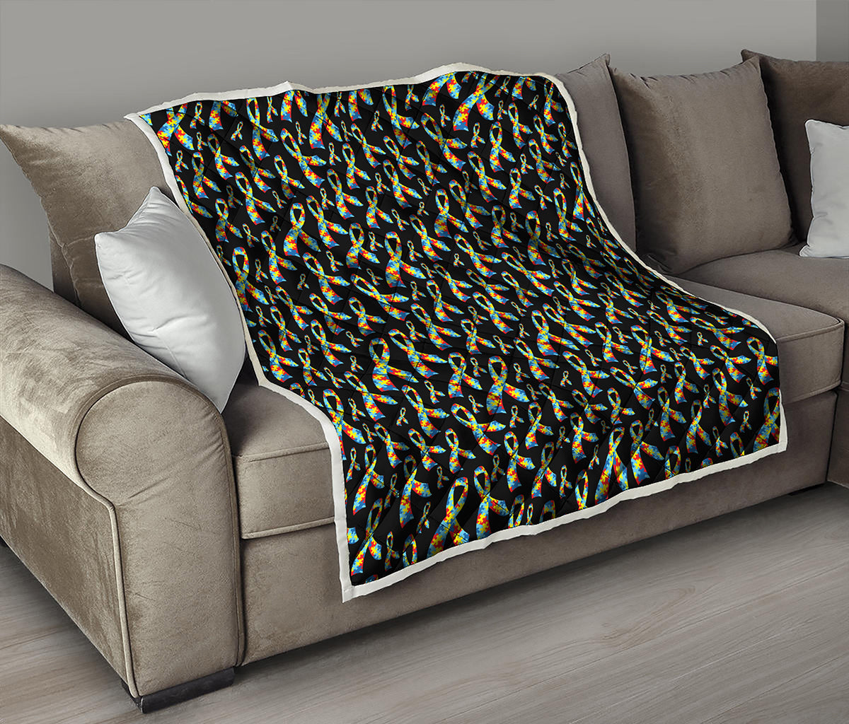 Autism Awareness Ribbon Pattern Print Quilt