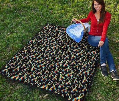 Autism Awareness Ribbon Pattern Print Quilt