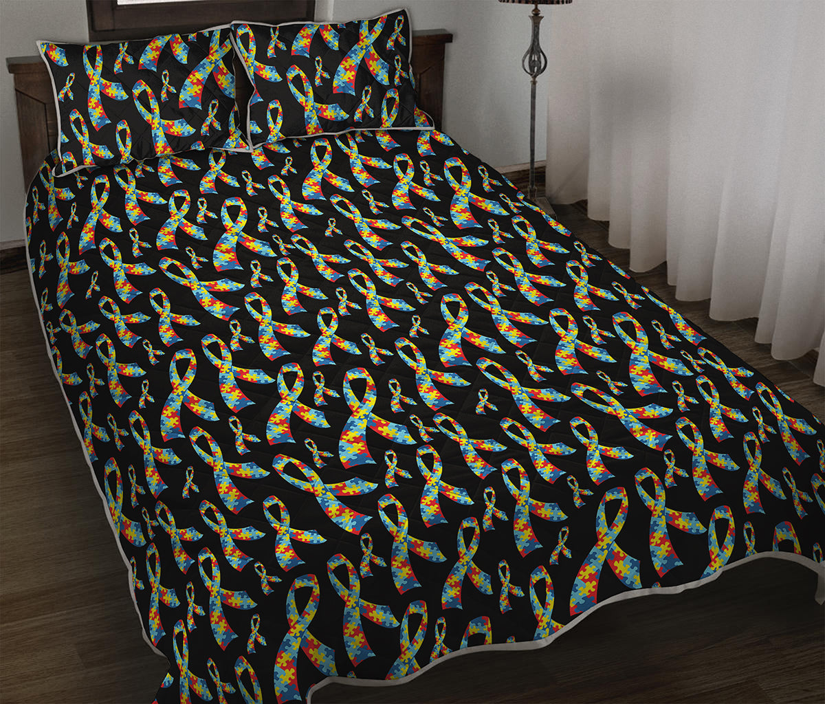 Autism Awareness Ribbon Pattern Print Quilt Bed Set
