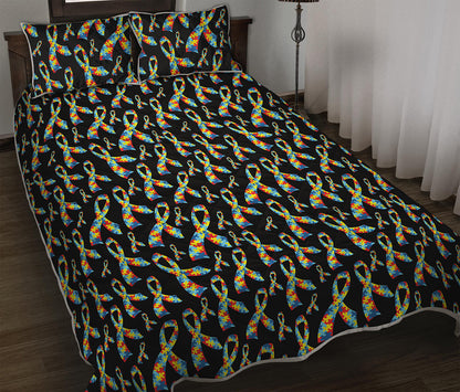 Autism Awareness Ribbon Pattern Print Quilt Bed Set