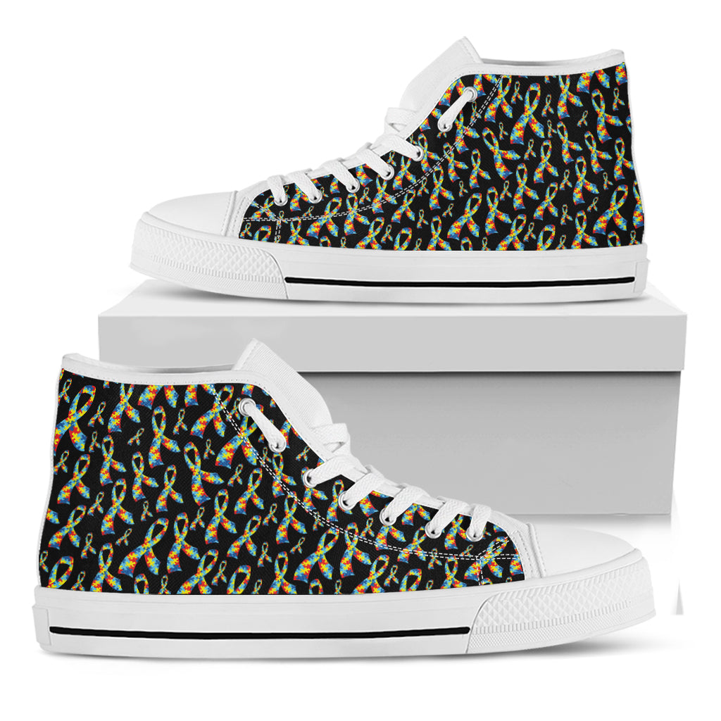 Autism Awareness Ribbon Pattern Print White High Top Shoes