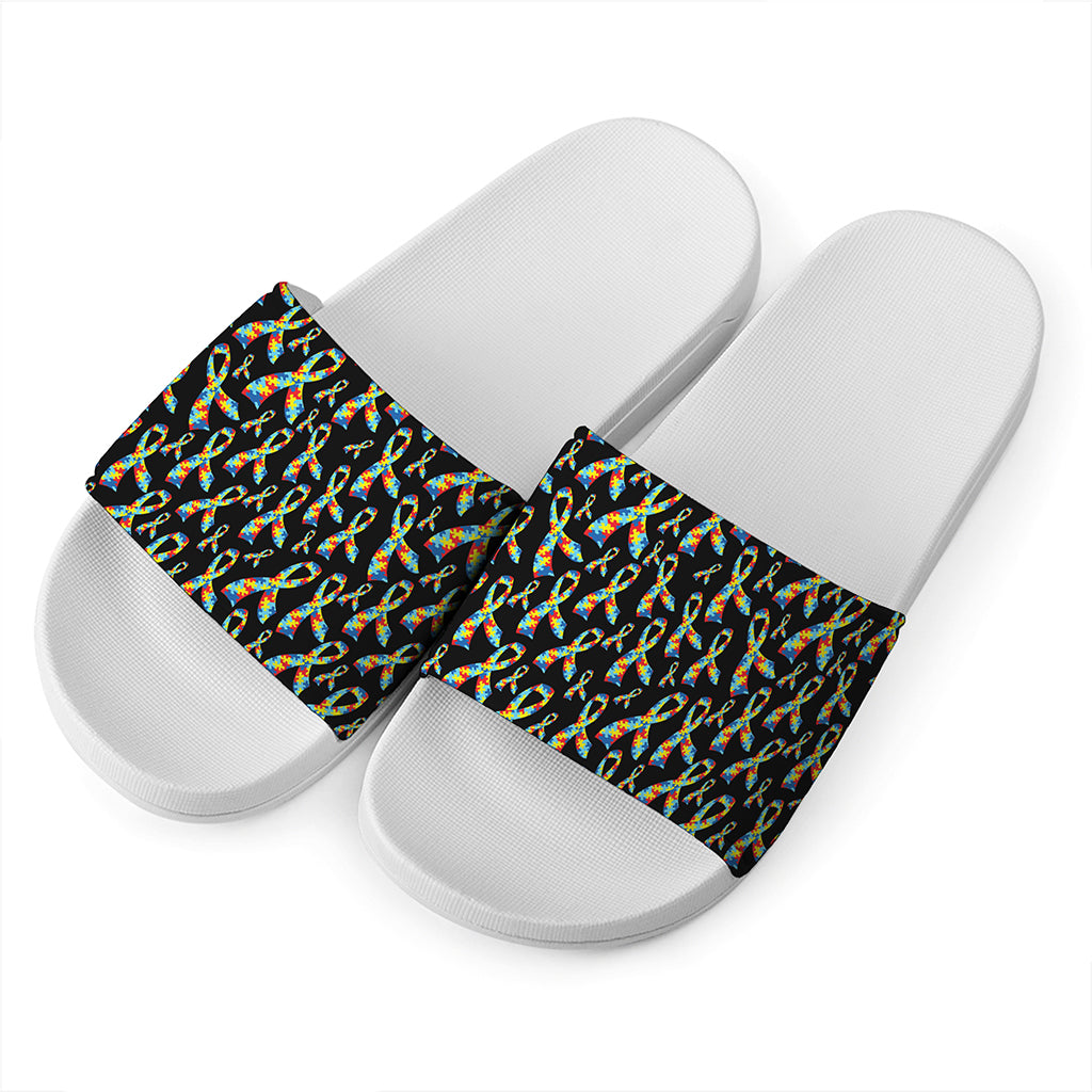 Autism Awareness Ribbon Pattern Print White Slide Sandals