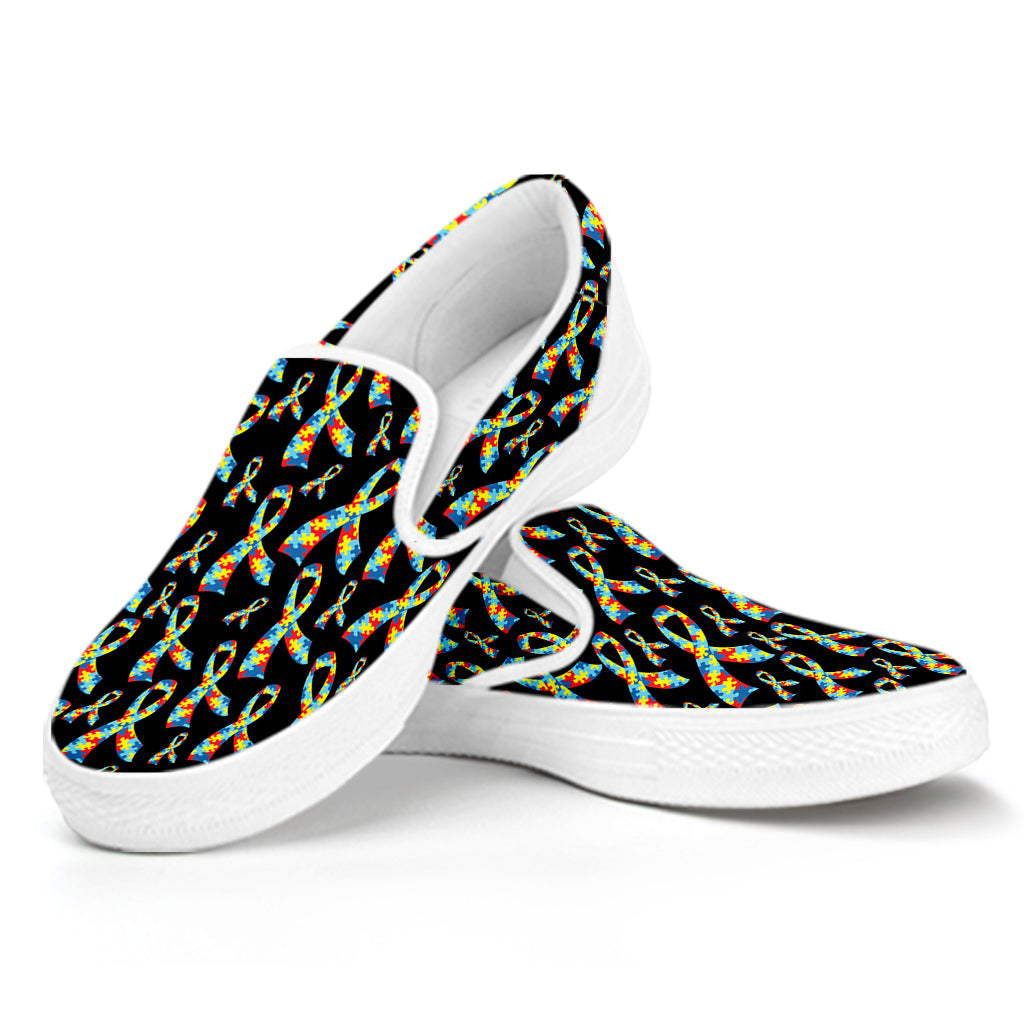 Autism Awareness Ribbon Pattern Print White Slip On Shoes