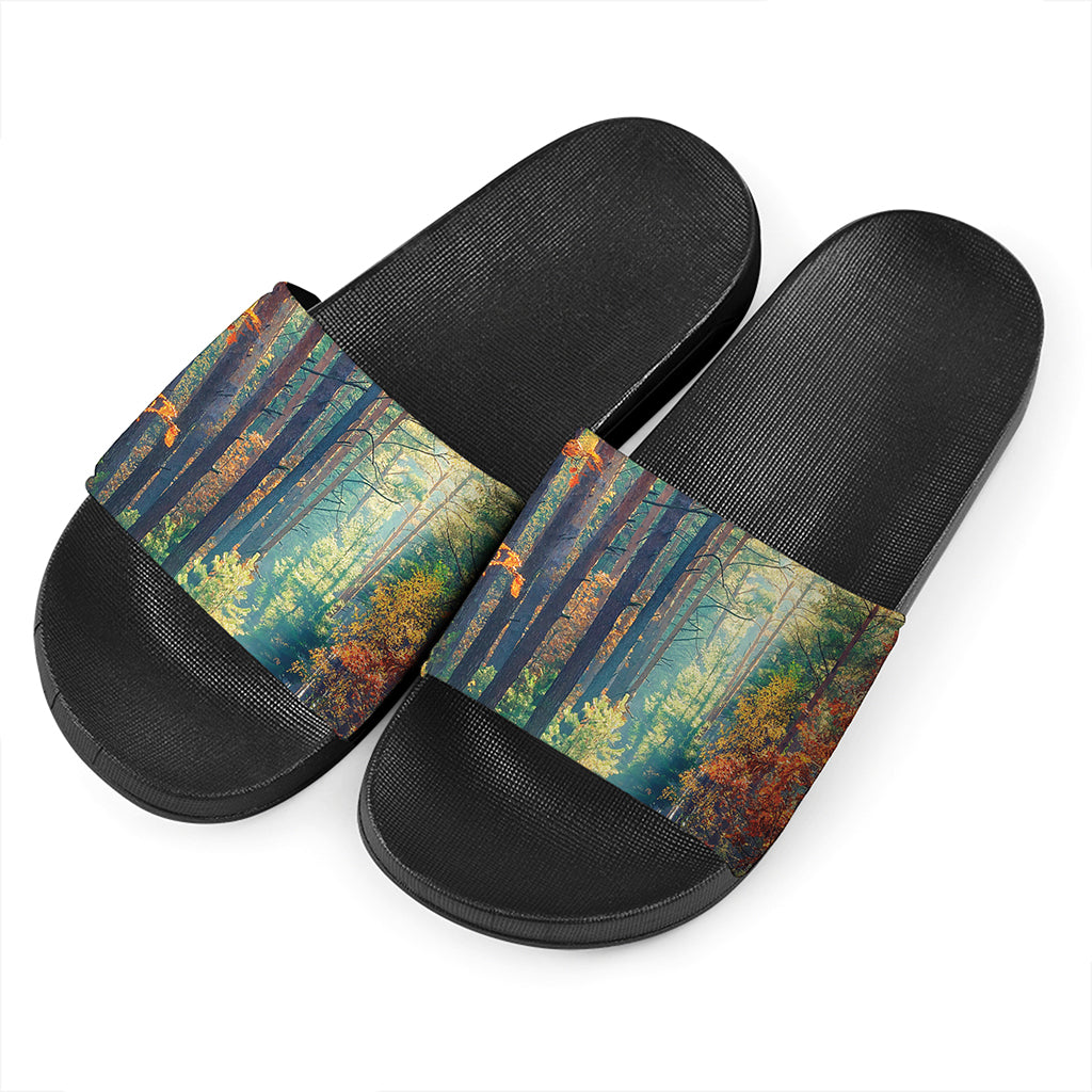 Autumn Forest Print Black Slide Sandals