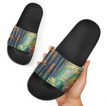 Autumn Forest Print Black Slide Sandals