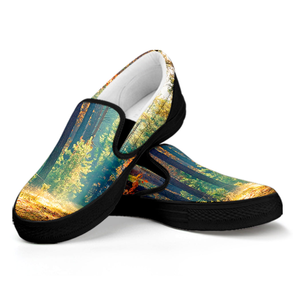 Autumn Forest Print Black Slip On Shoes